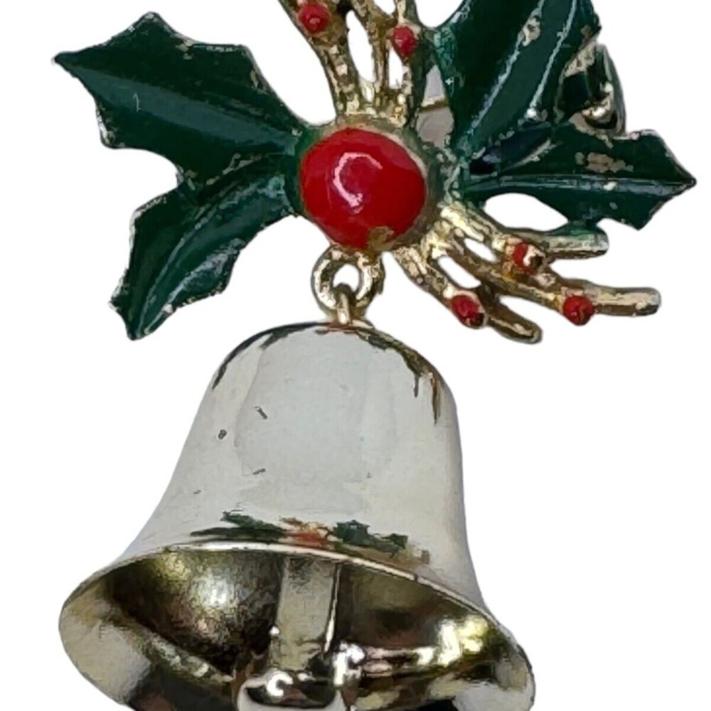 Christmas Bell Pin Brooch Vintage Winter Holiday Jewelry Holly Green Red 2 inch - Picture 2 of 5